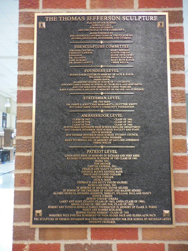 Thomas Jefferson sculpture plaque at Thomas Jefferson High School in Council Bluffs, Iowa