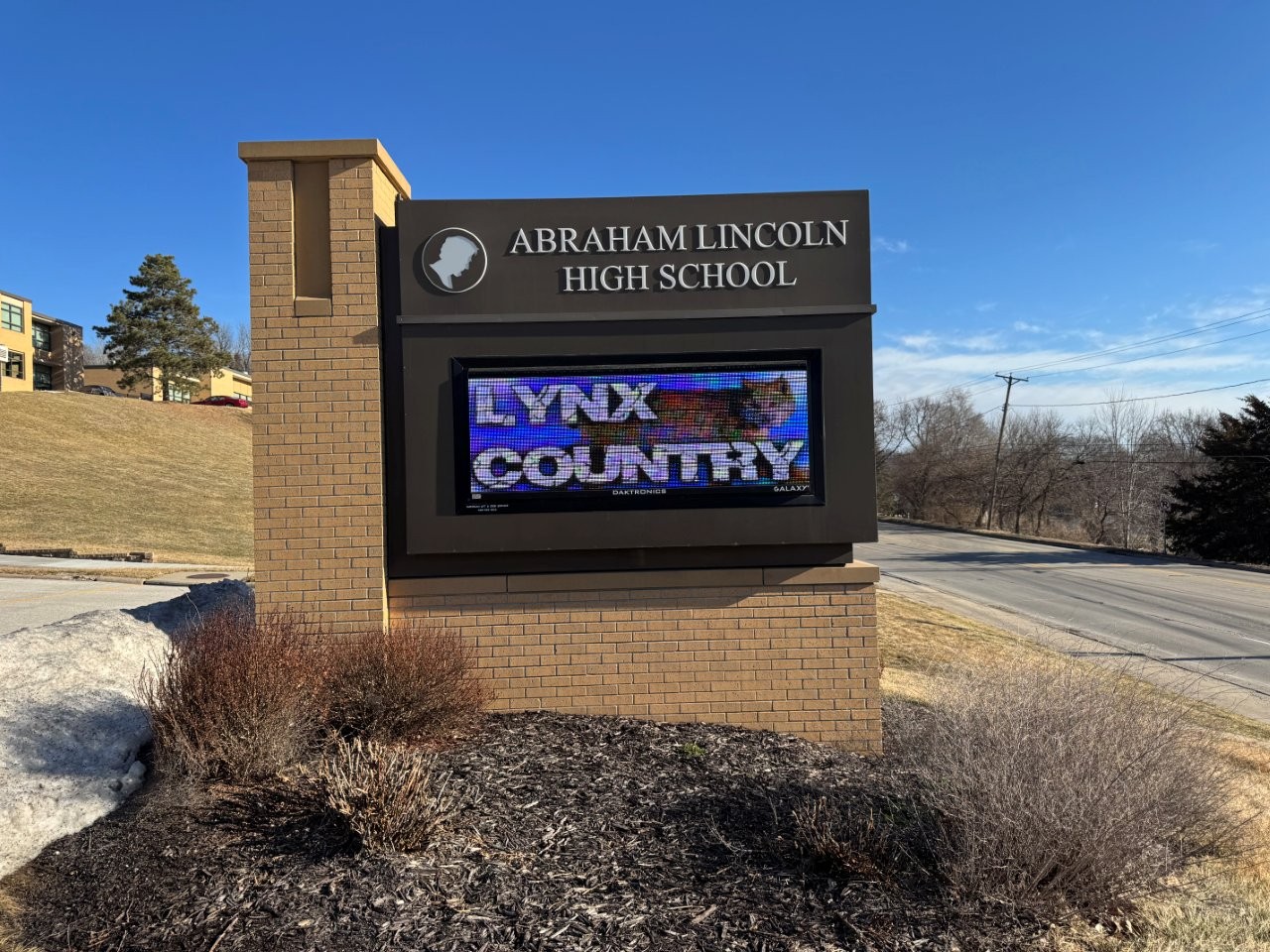 Abraham Lincoln image on sign at Abraham Lincoln High School in Council Bluffs, Iowa