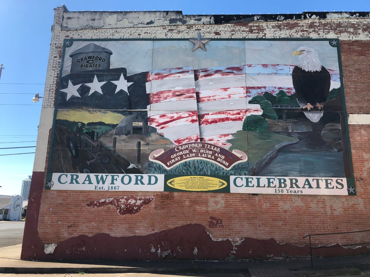 Mural that mentions Crawford, Texas is the home of George and Laura Bush