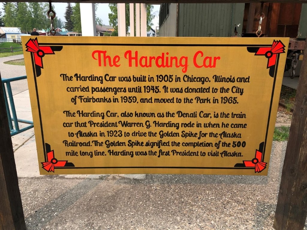 historical marker about Warren Harding railroad car in Fairbanks