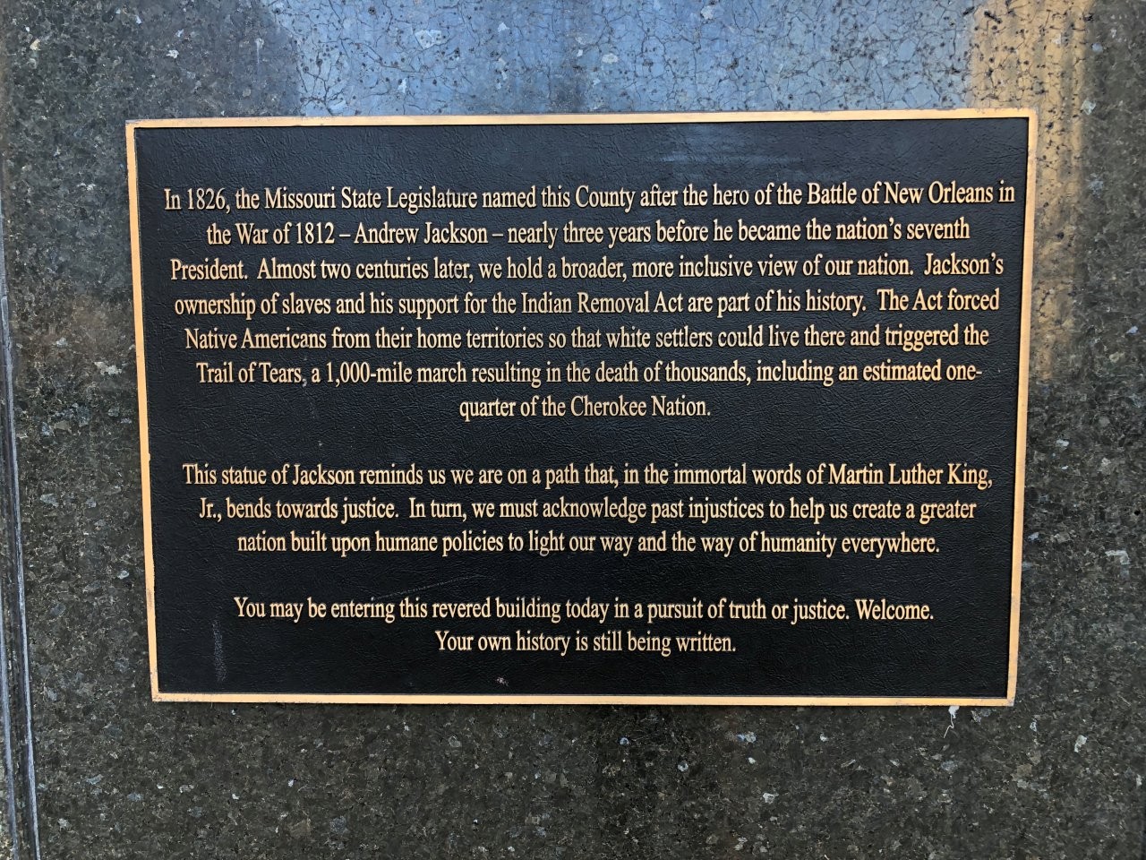Andrew Jackson plaque noting he was a slave owner and signed the Indian Removal Act