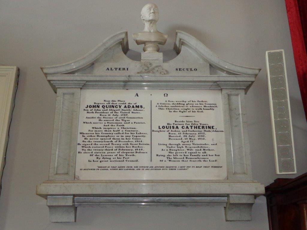 John Quincy Adams marker in church sanctuary