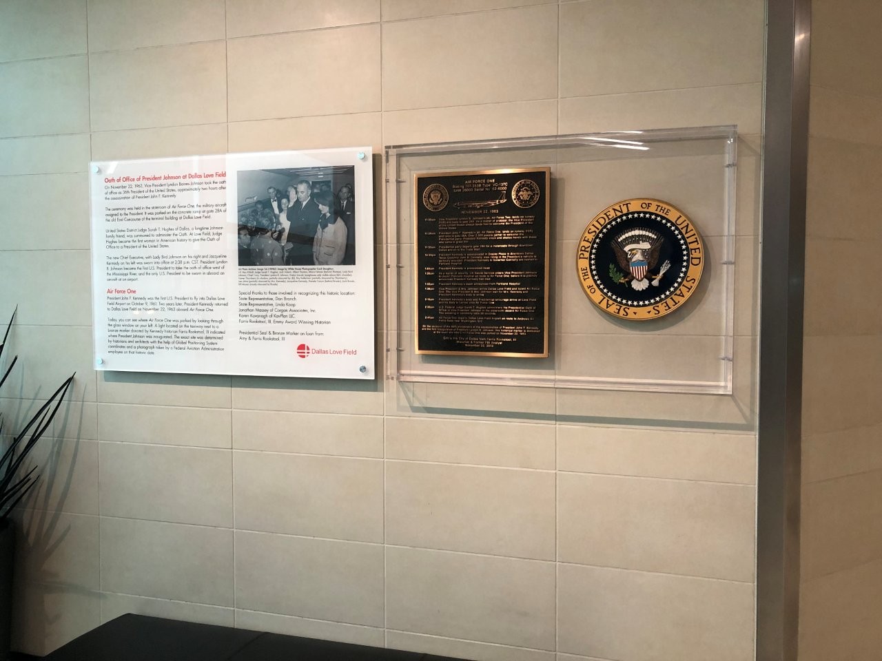 Historical markers inside terminal at Dallas Love field describing LBJ oath of office