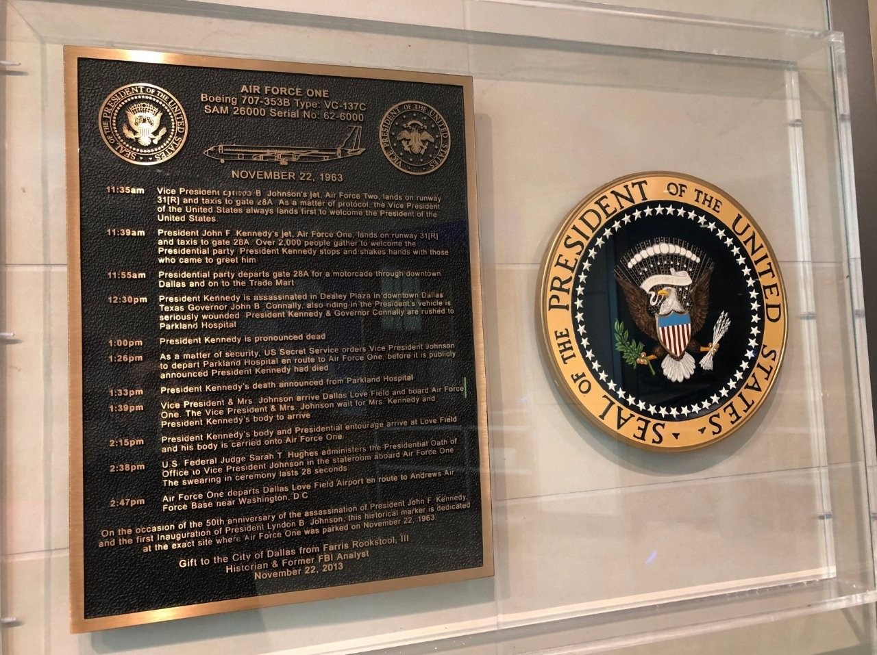 Historical markers inside terminal at Dallas airport about Lyndon Johnson swearing in on airplane
