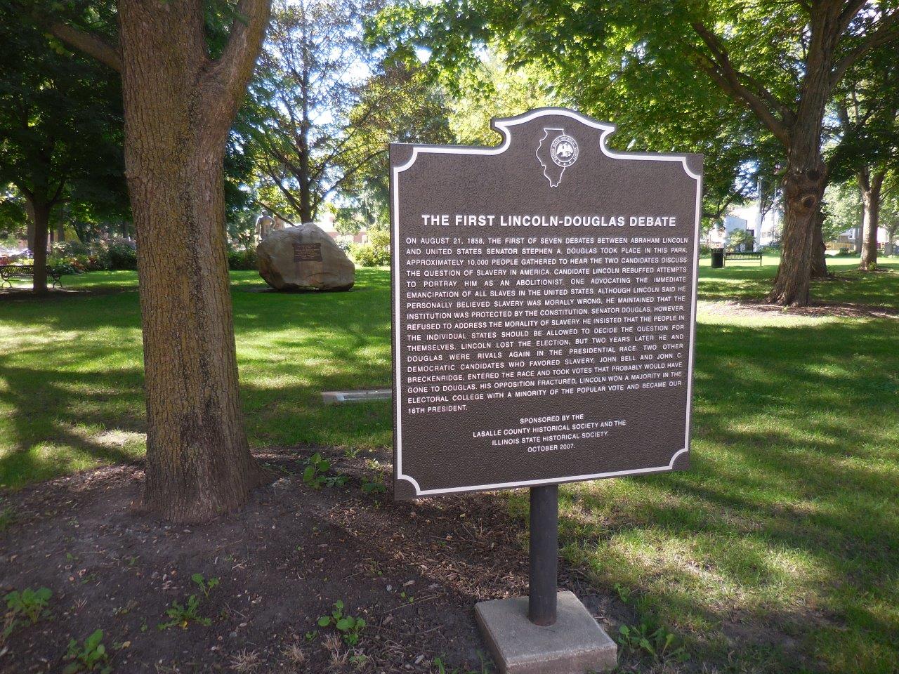 Historical marker at site of first Lincoln-Douglas debate