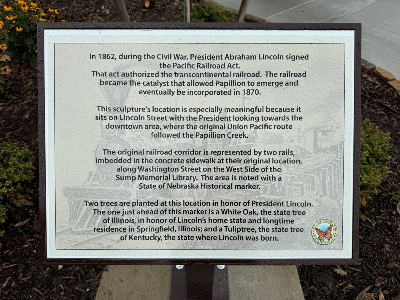 Abraham Lincoln Union Pacific Railroad monument at the City Park in Papillion, Nebraska