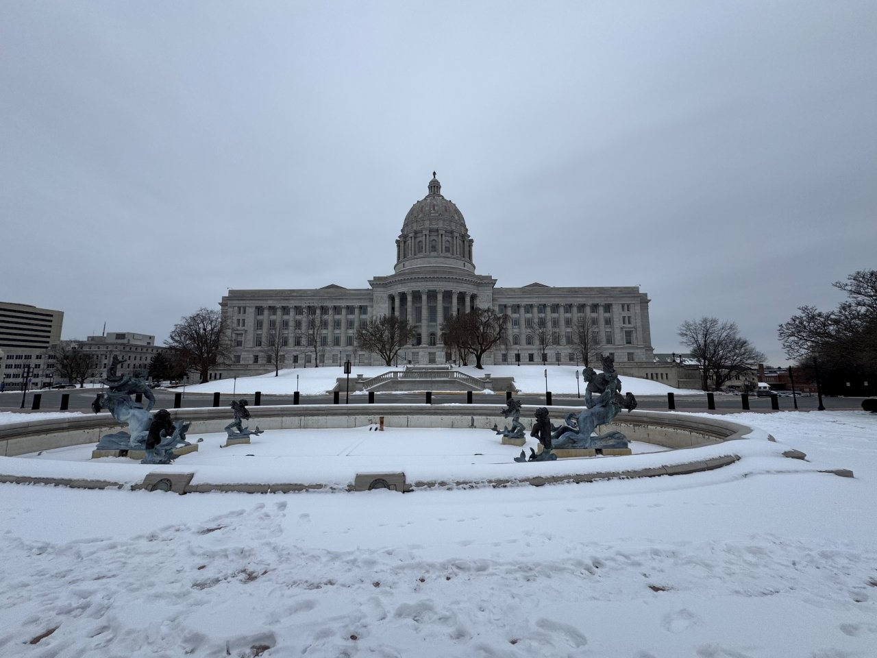 view of Missouri State Capitol in Jefferson City from Monroe Louisiana Purchase Monument