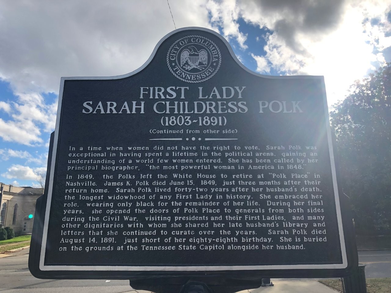 Sarah Polk historical marker in Columbia, Tennessee